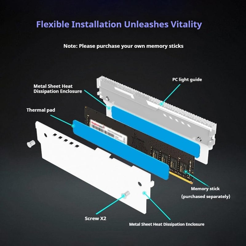 TUMMASTER 5V 3PIN RAM Heatsink Memory Cooler for DIY PC Game MOD DDR3 DDR4 DDR5(Compatible with ASUS Aura Sync,GIGABYTE RGB Fusion and MSI Mystic Light Sync（Memory not Included） (RH-GY-06-W) - Image 3